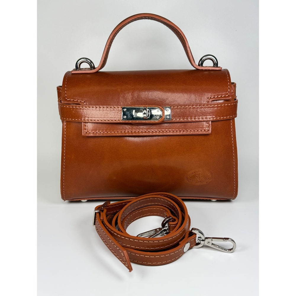 Italian Leather Mini Top Handle Bag Brown Turn Lock Crossbody Kelly Style